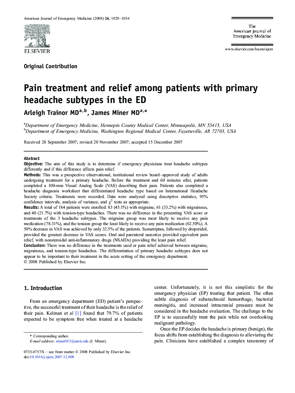 Pain treatment and relief among patients with primary headache subtypes in the ED