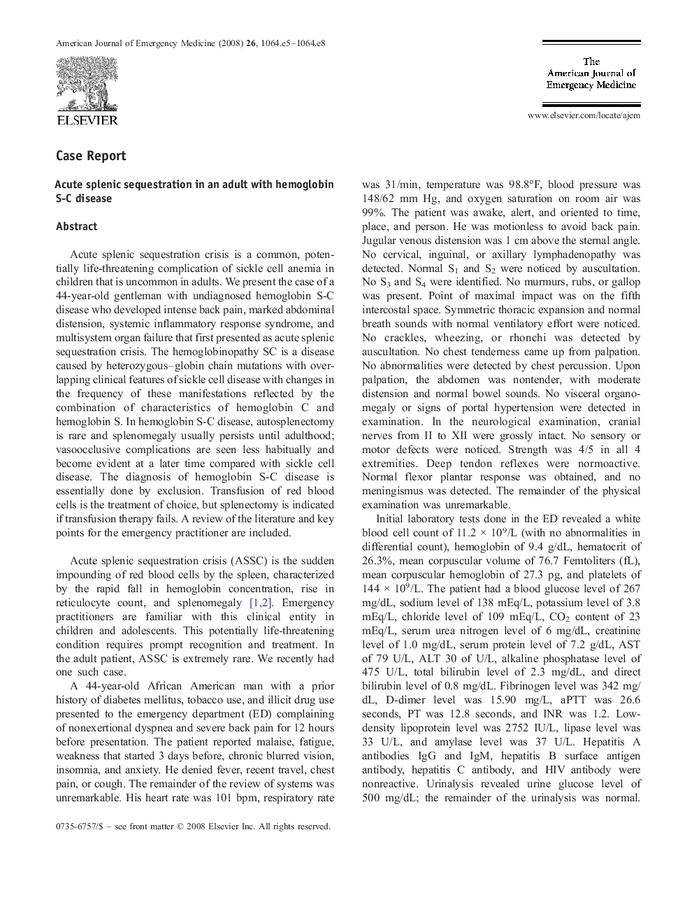 Acute splenic sequestration in an adult with hemoglobin S-C disease