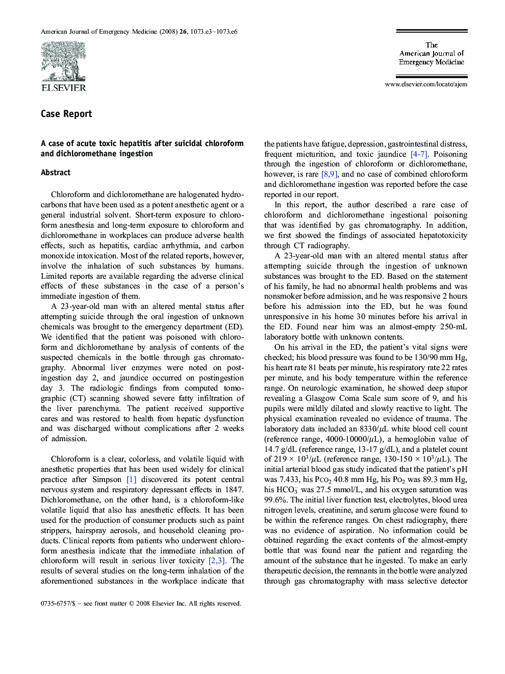 A case of acute toxic hepatitis after suicidal chloroform and dichloromethane ingestion