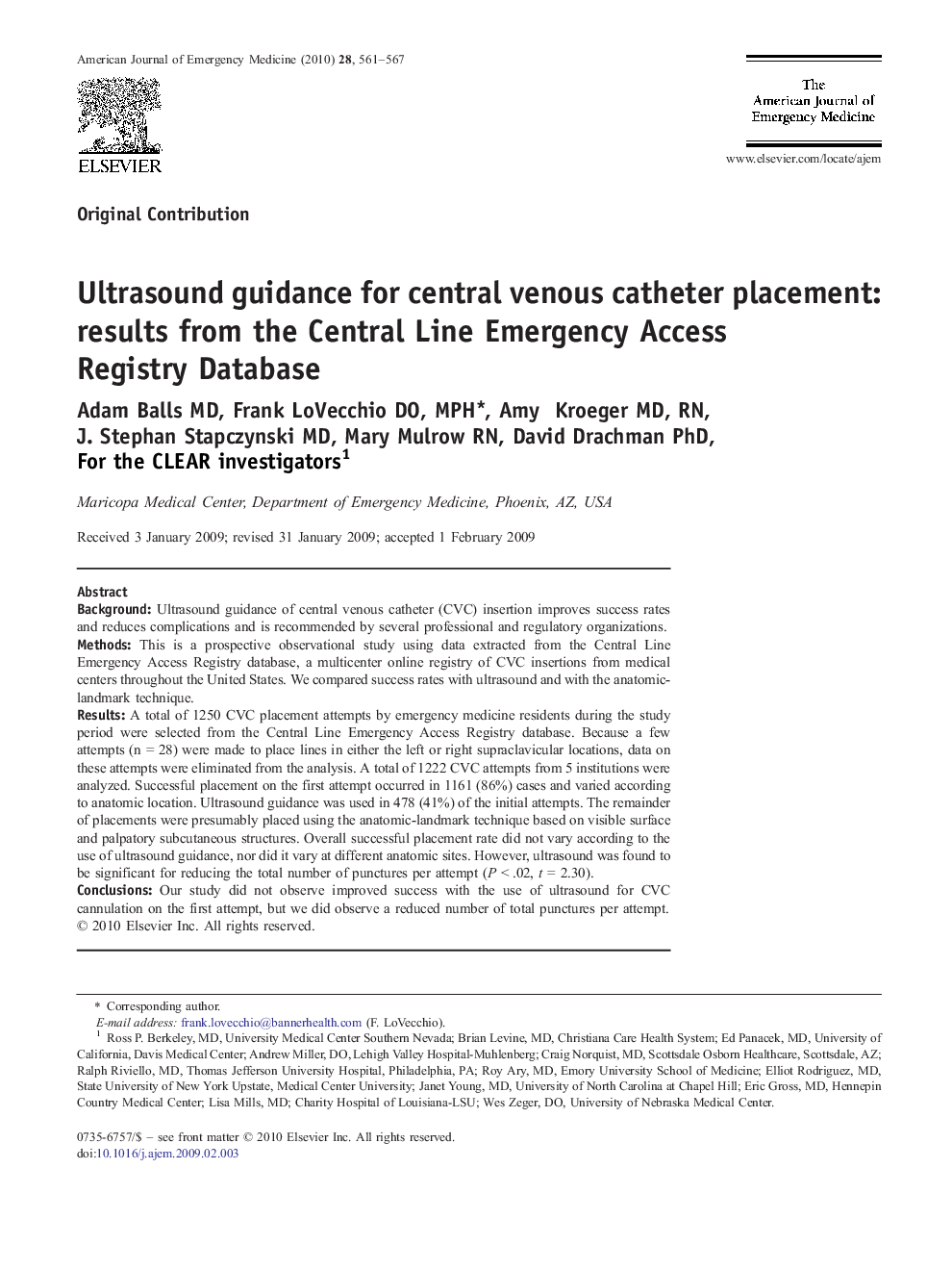 Ultrasound guidance for central venous catheter placement: results from the Central Line Emergency Access Registry Database 1