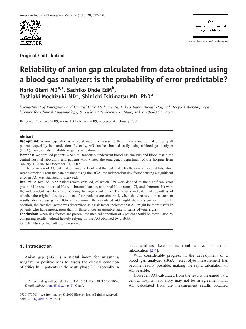 Reliability of anion gap calculated from data obtained using a blood gas analyzer: is the probability of error predictable?