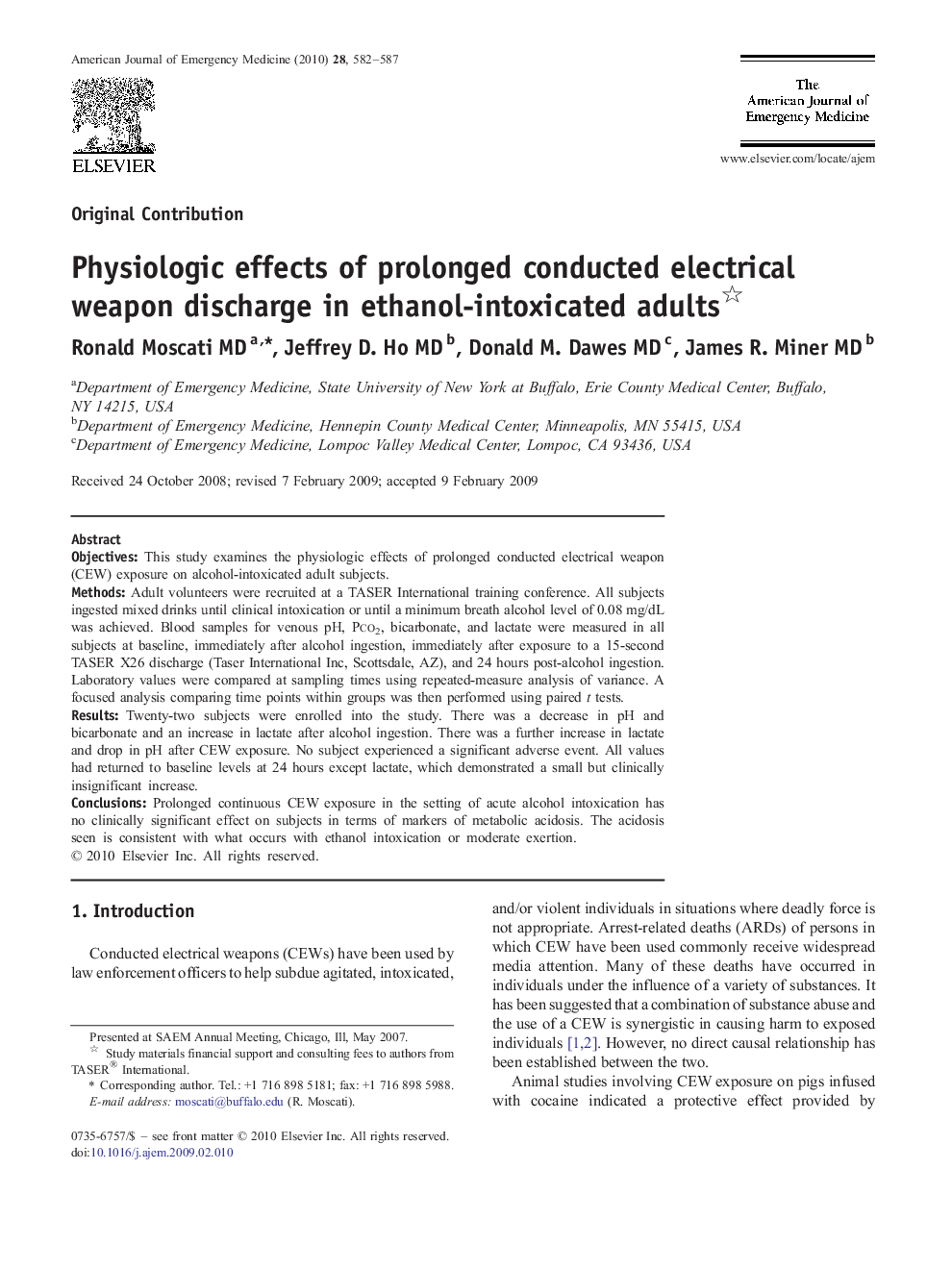 Physiologic effects of prolonged conducted electrical weapon discharge in ethanol-intoxicated adults 