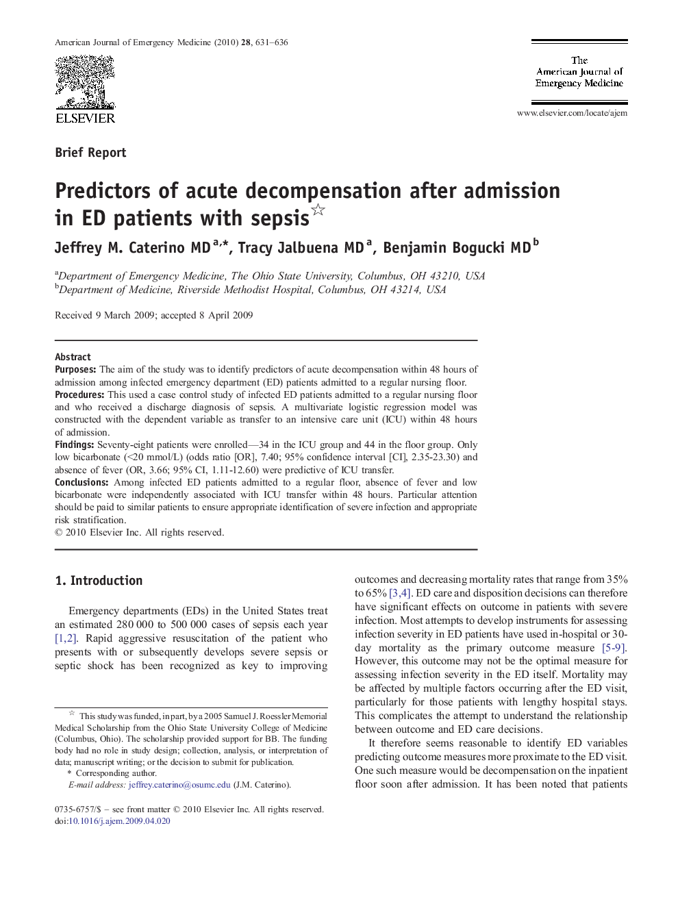 Predictors of acute decompensation after admission in ED patients with sepsis
