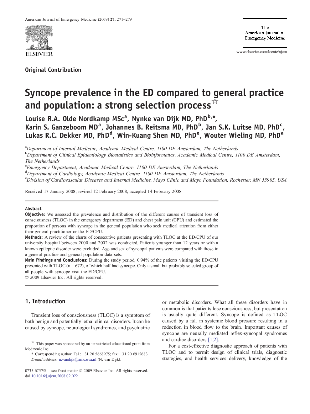 Syncope prevalence in the ED compared to general practice and population: a strong selection process 