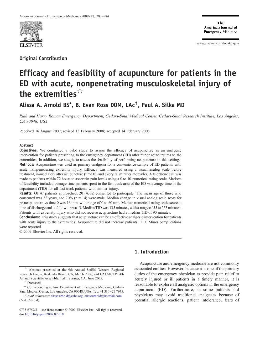 Efficacy and feasibility of acupuncture for patients in the ED with acute, nonpenetrating musculoskeletal injury of the extremities 