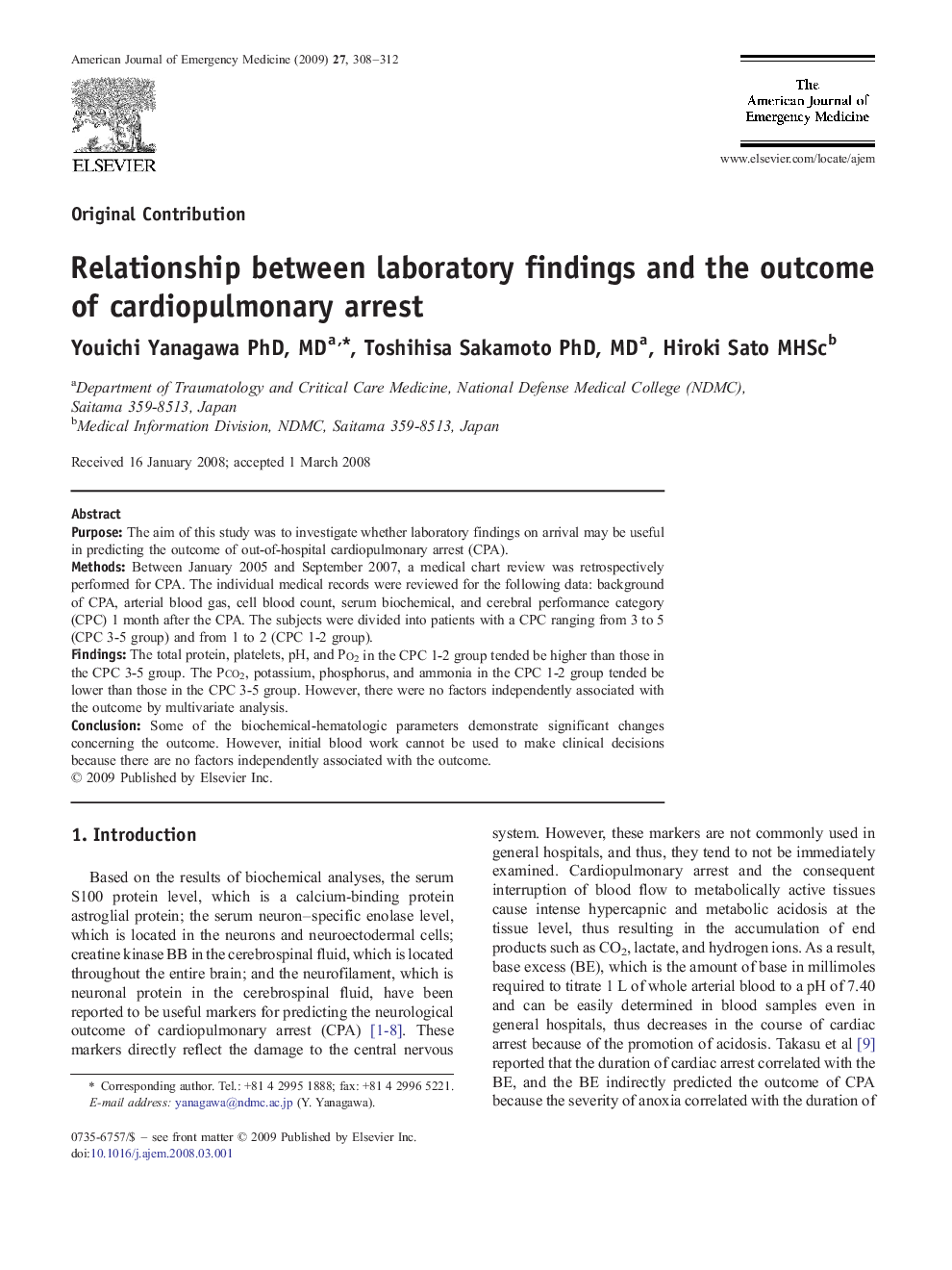 Relationship between laboratory findings and the outcome of cardiopulmonary arrest