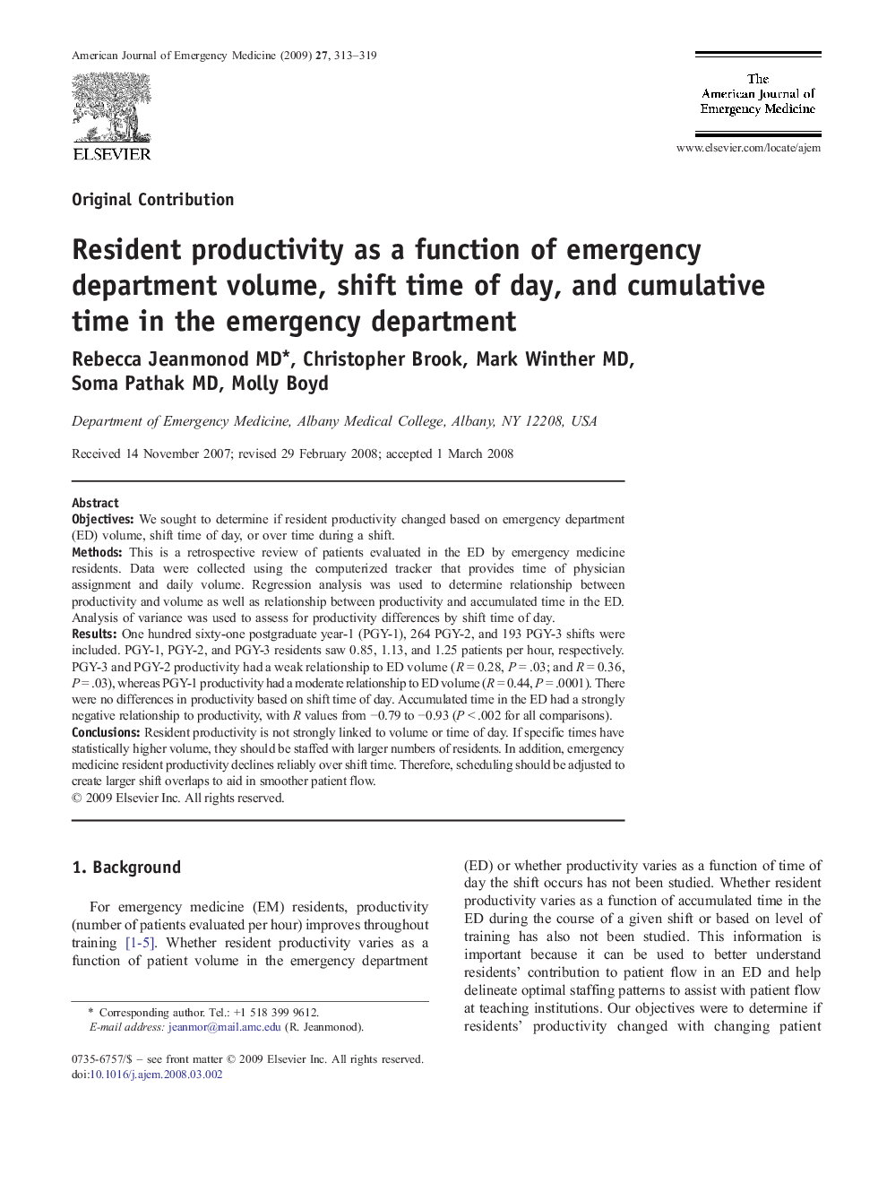 Resident productivity as a function of emergency department volume, shift time of day, and cumulative time in the emergency department