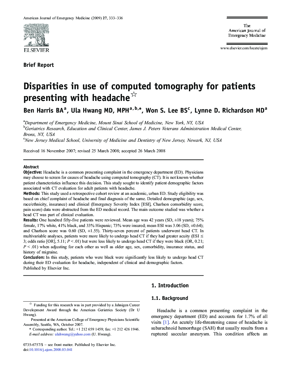 Disparities in use of computed tomography for patients presenting with headache 