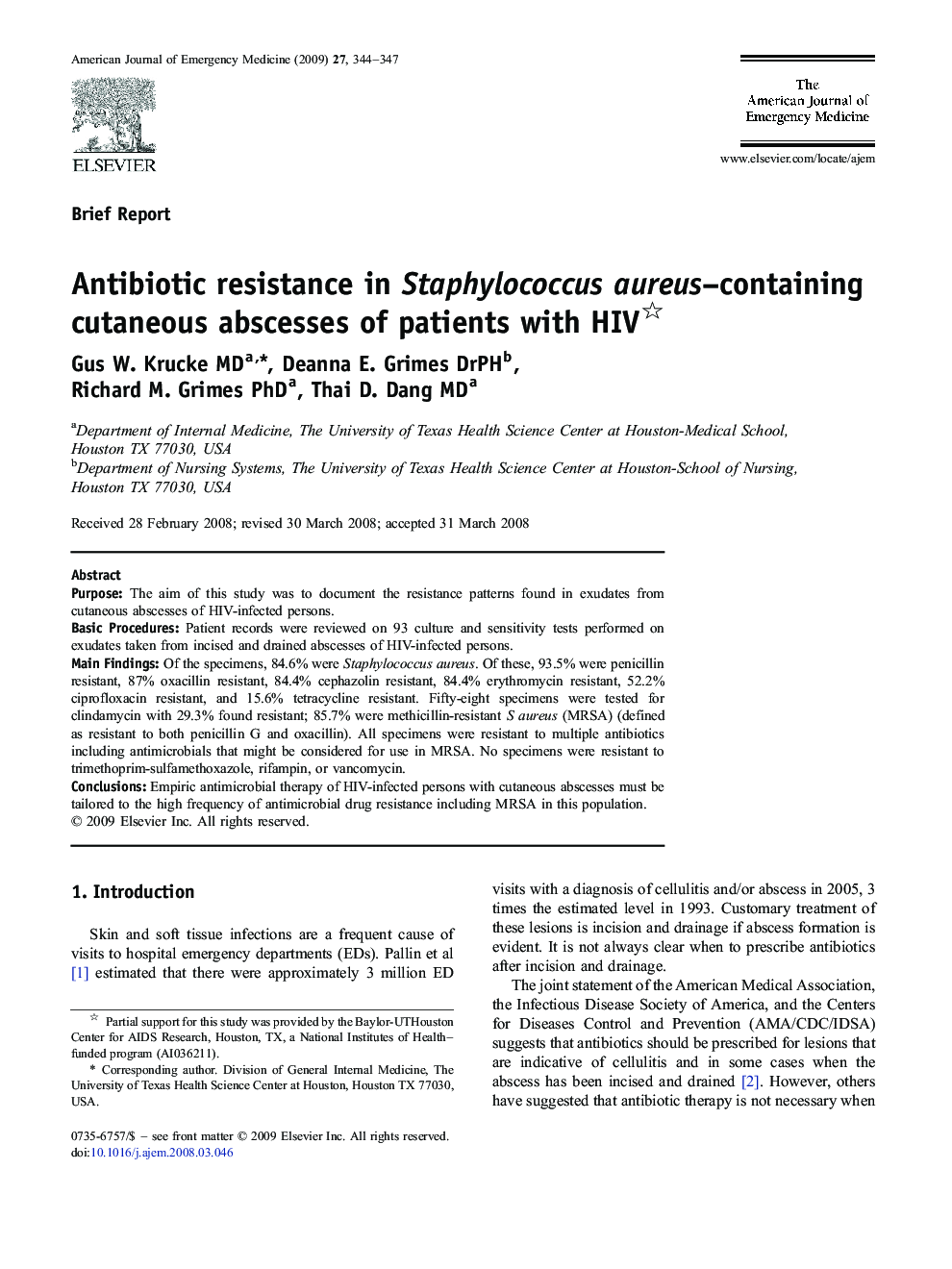 Antibiotic resistance in Staphylococcus aureus–containing cutaneous abscesses of patients with HIV 