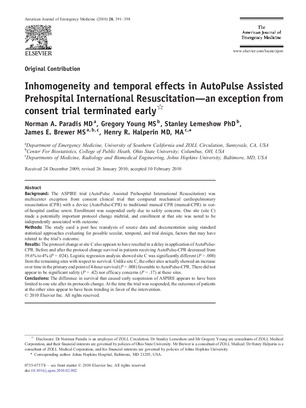 Inhomogeneity and temporal effects in AutoPulse Assisted Prehospital International Resuscitation—an exception from consent trial terminated early 