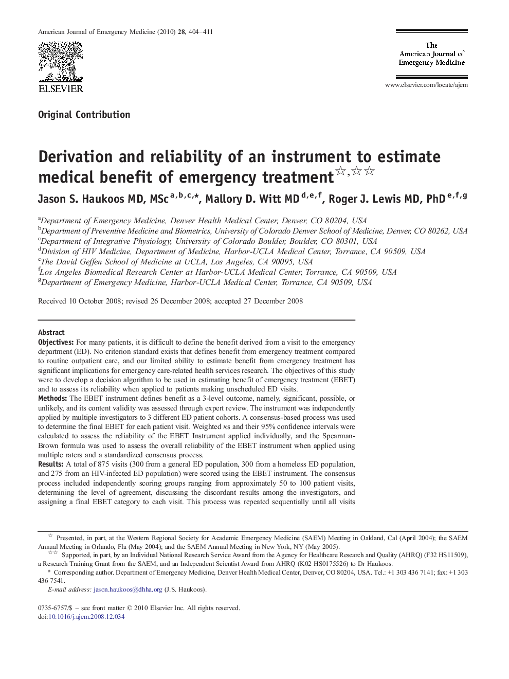 Derivation and reliability of an instrument to estimate medical benefit of emergency treatment 