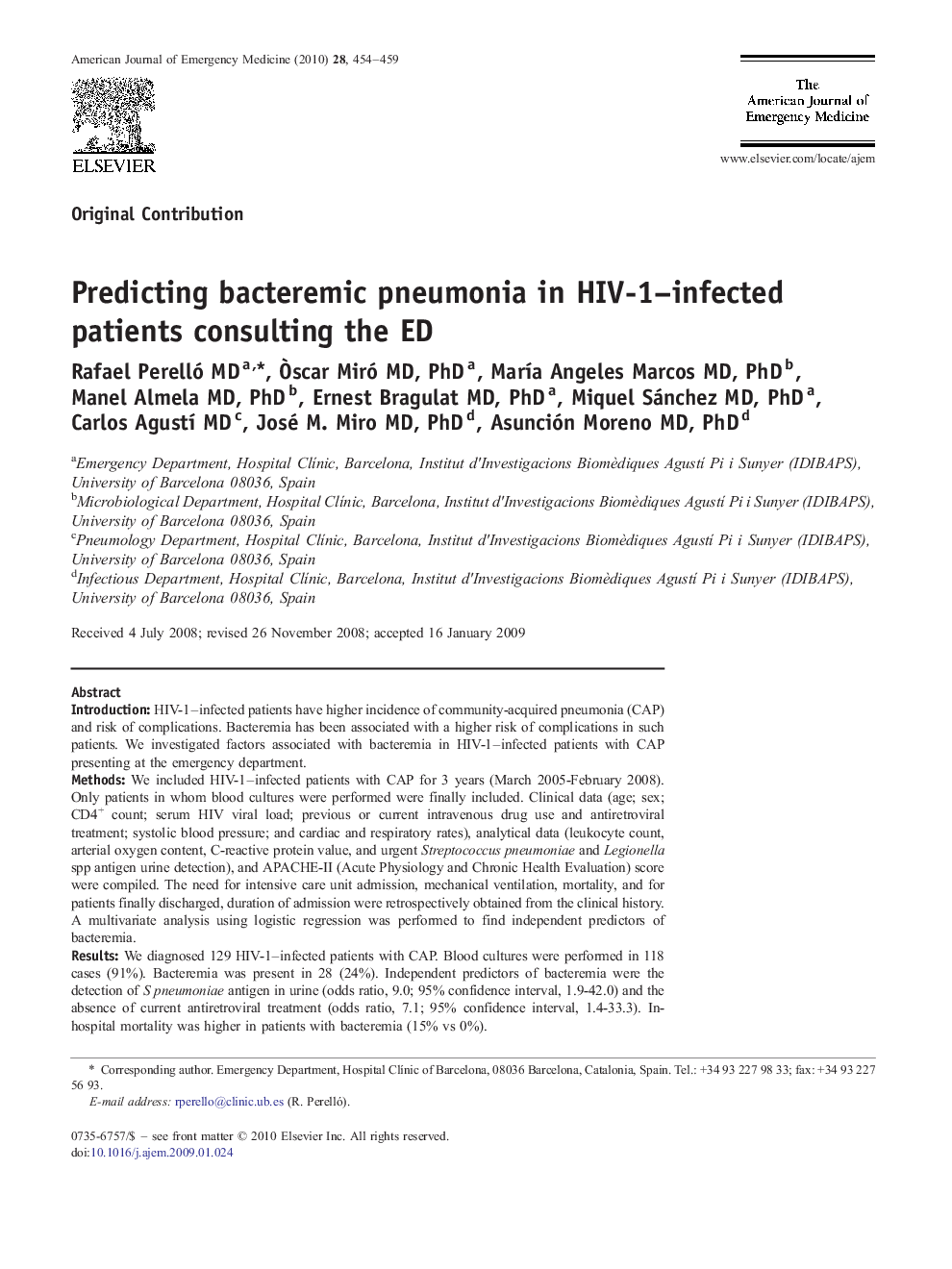 Predicting bacteremic pneumonia in HIV-1–infected patients consulting the ED