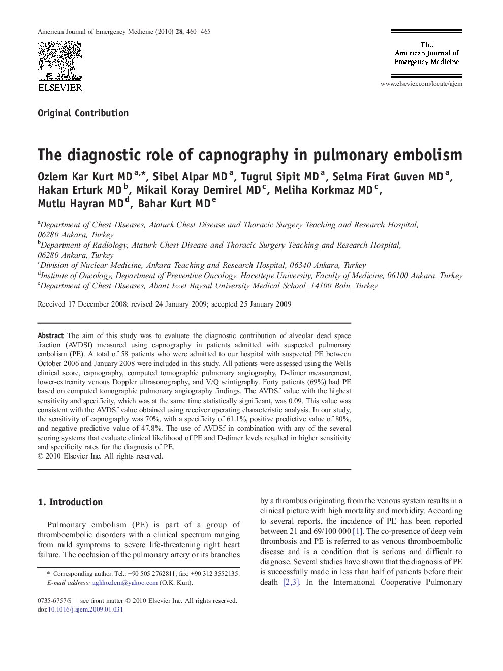 The diagnostic role of capnography in pulmonary embolism