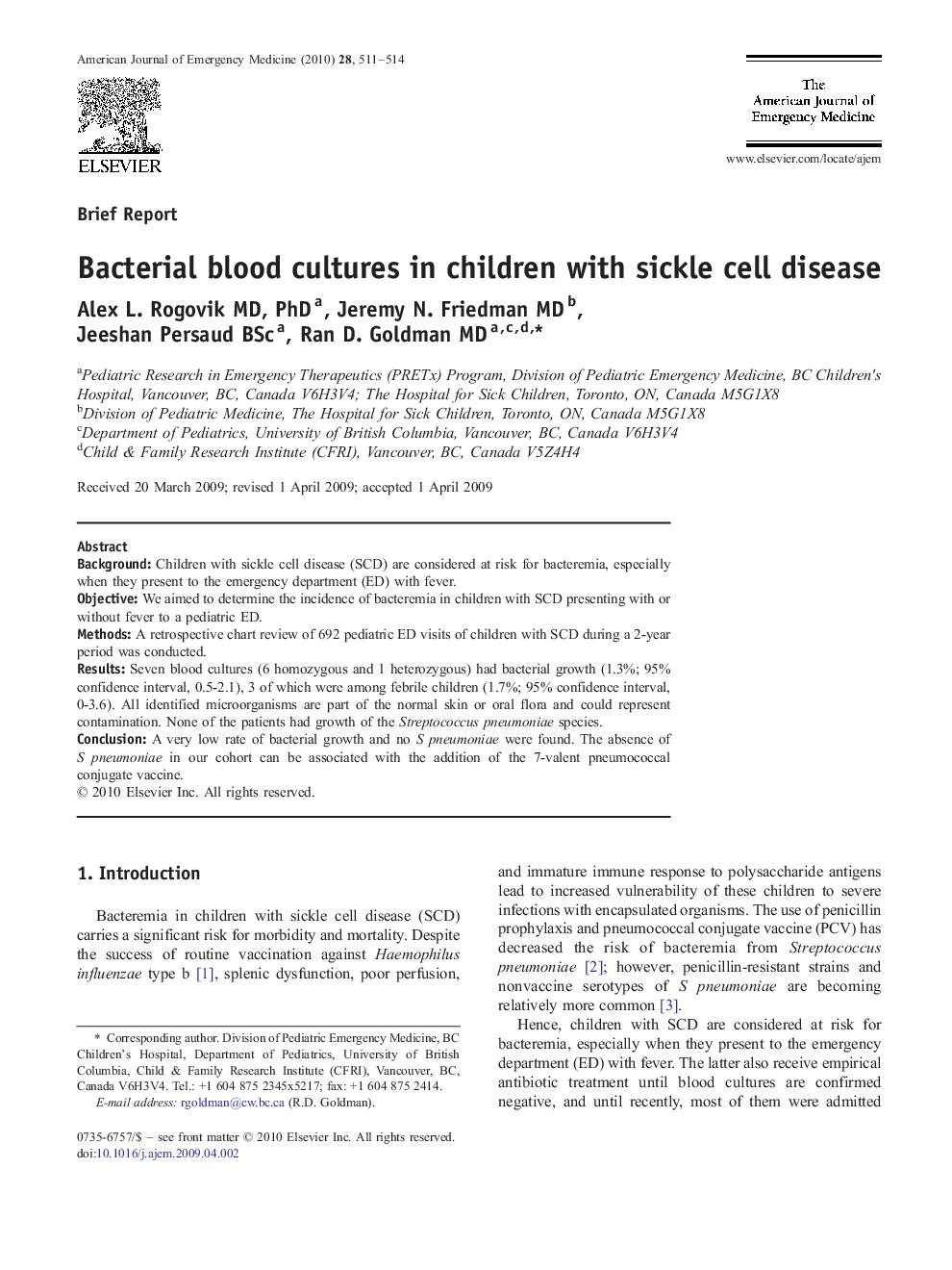 Bacterial blood cultures in children with sickle cell disease