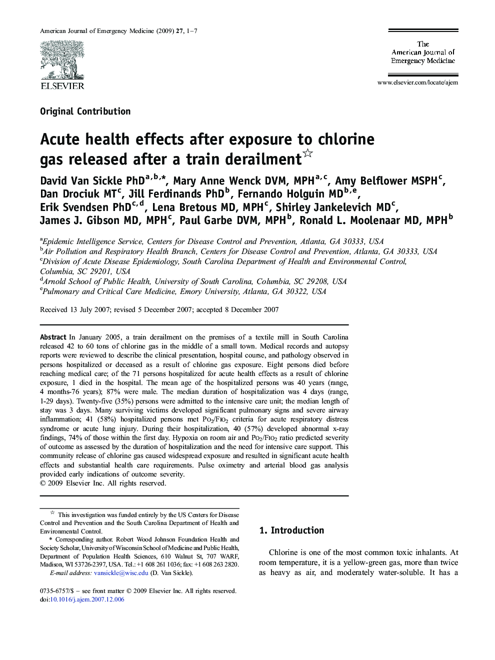 Acute health effects after exposure to chlorine gas released after a train derailment 