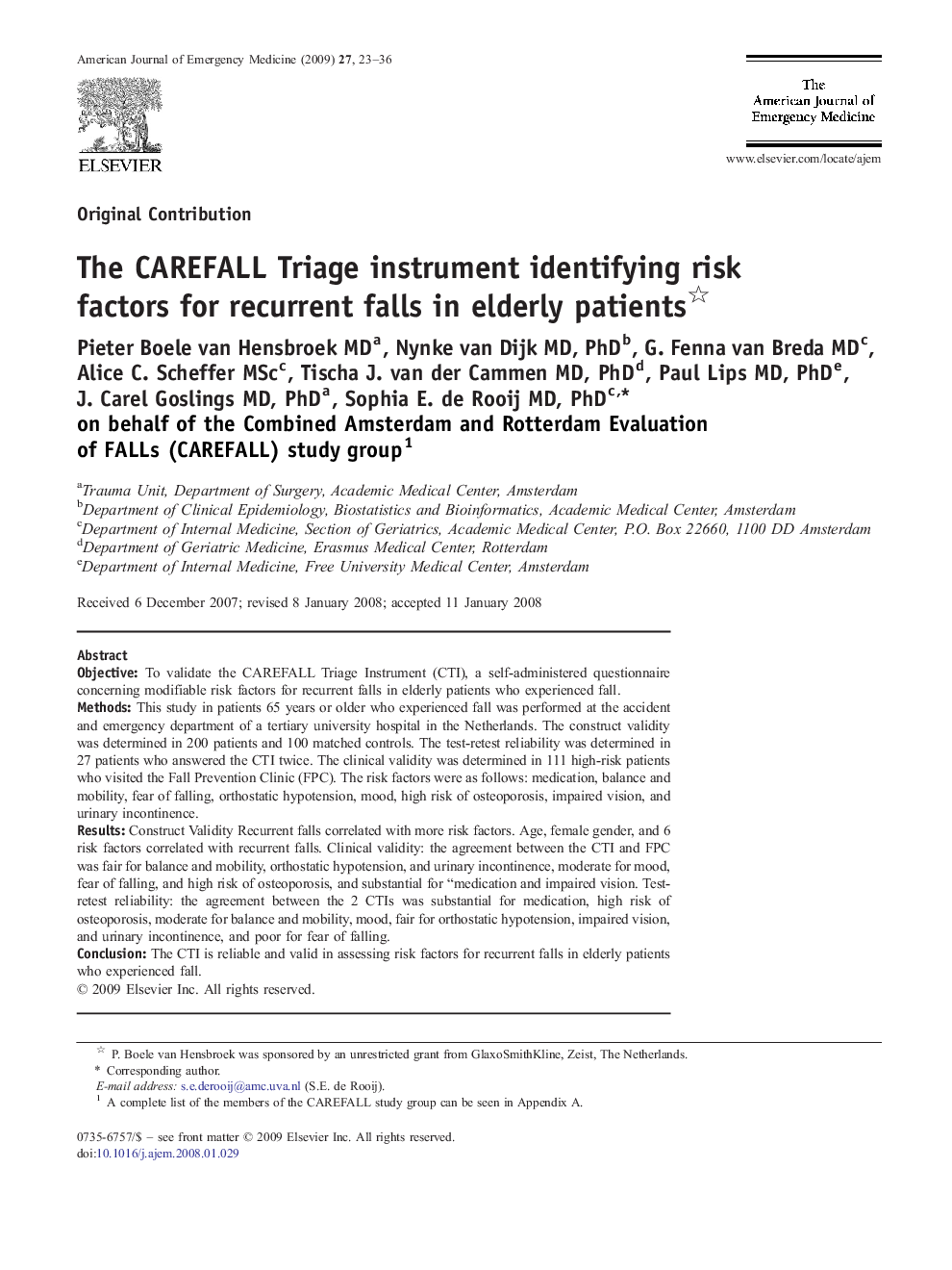 The CAREFALL Triage instrument identifying risk factors for recurrent falls in elderly patients 