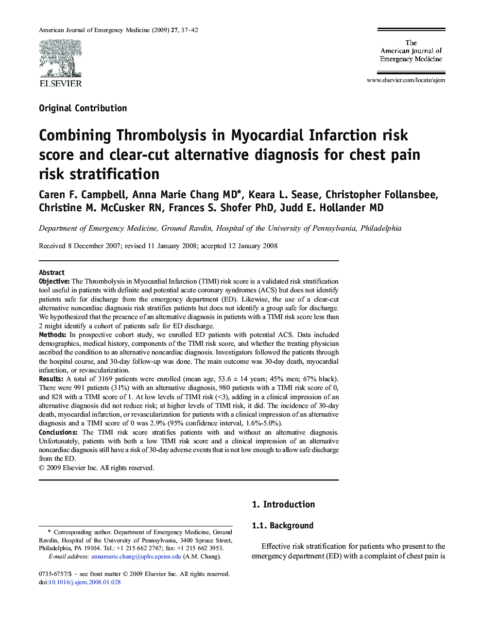 Combining Thrombolysis in Myocardial Infarction risk score and clear-cut alternative diagnosis for chest pain risk stratification