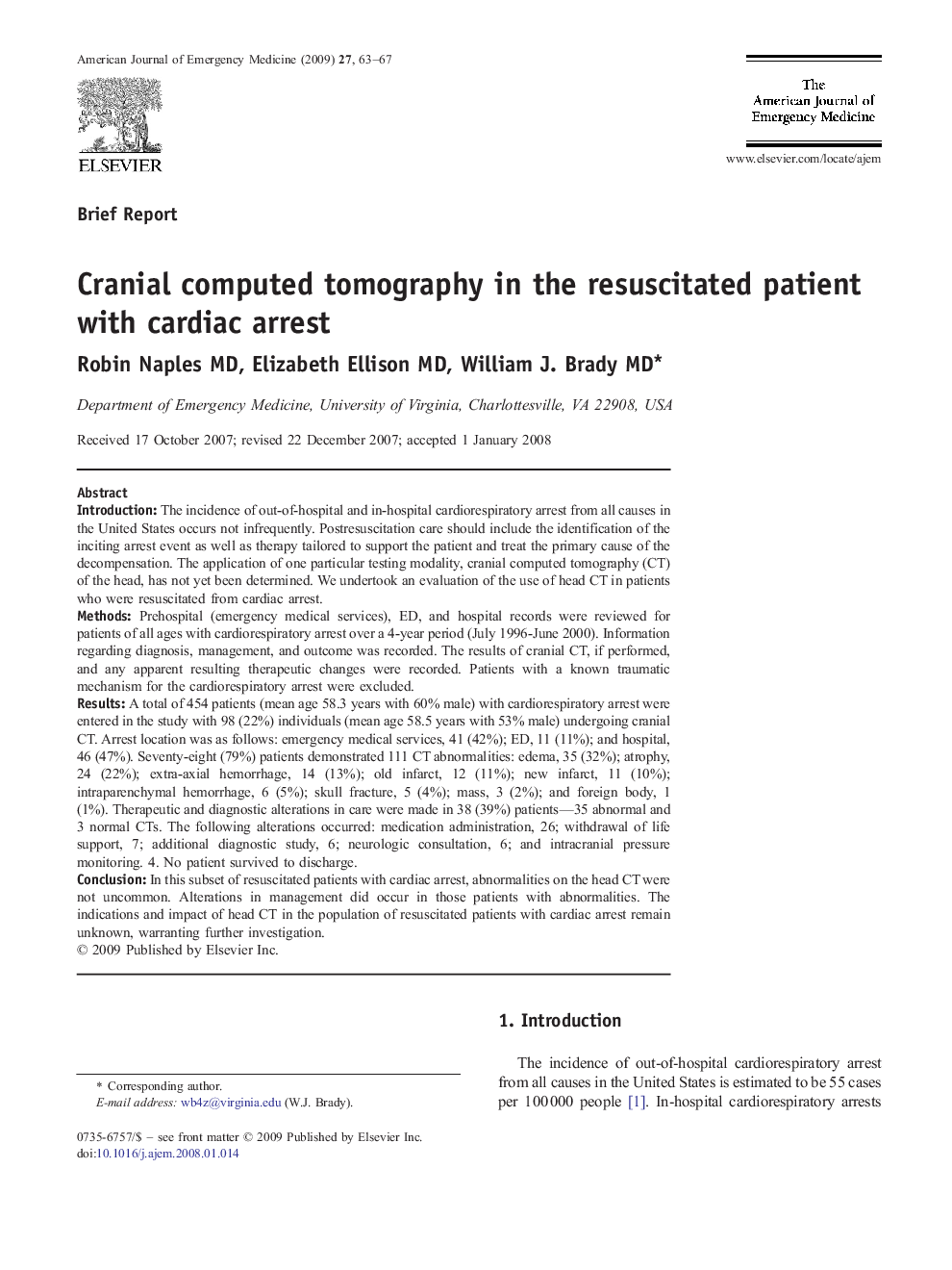 Cranial computed tomography in the resuscitated patient with cardiac arrest