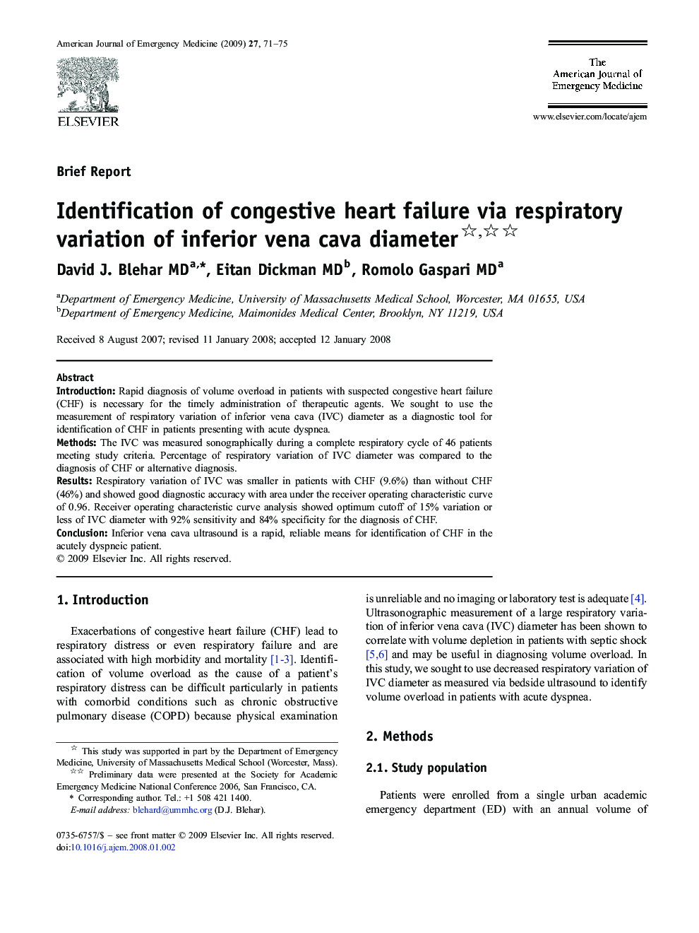 Identification of congestive heart failure via respiratory variation of inferior vena cava diameter 