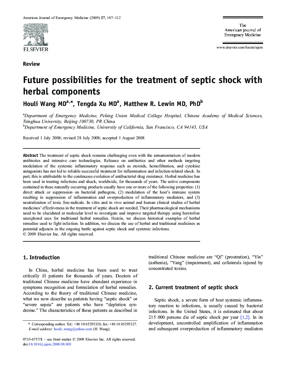 Future possibilities for the treatment of septic shock with herbal components