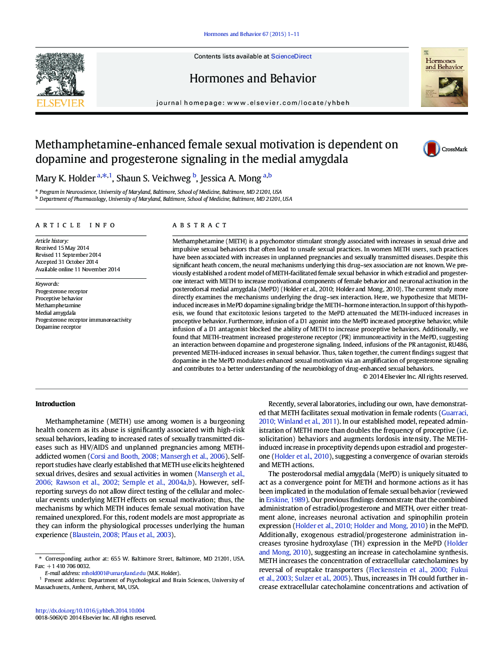 Methamphetamine-enhanced female sexual motivation is dependent on dopamine and progesterone signaling in the medial amygdala