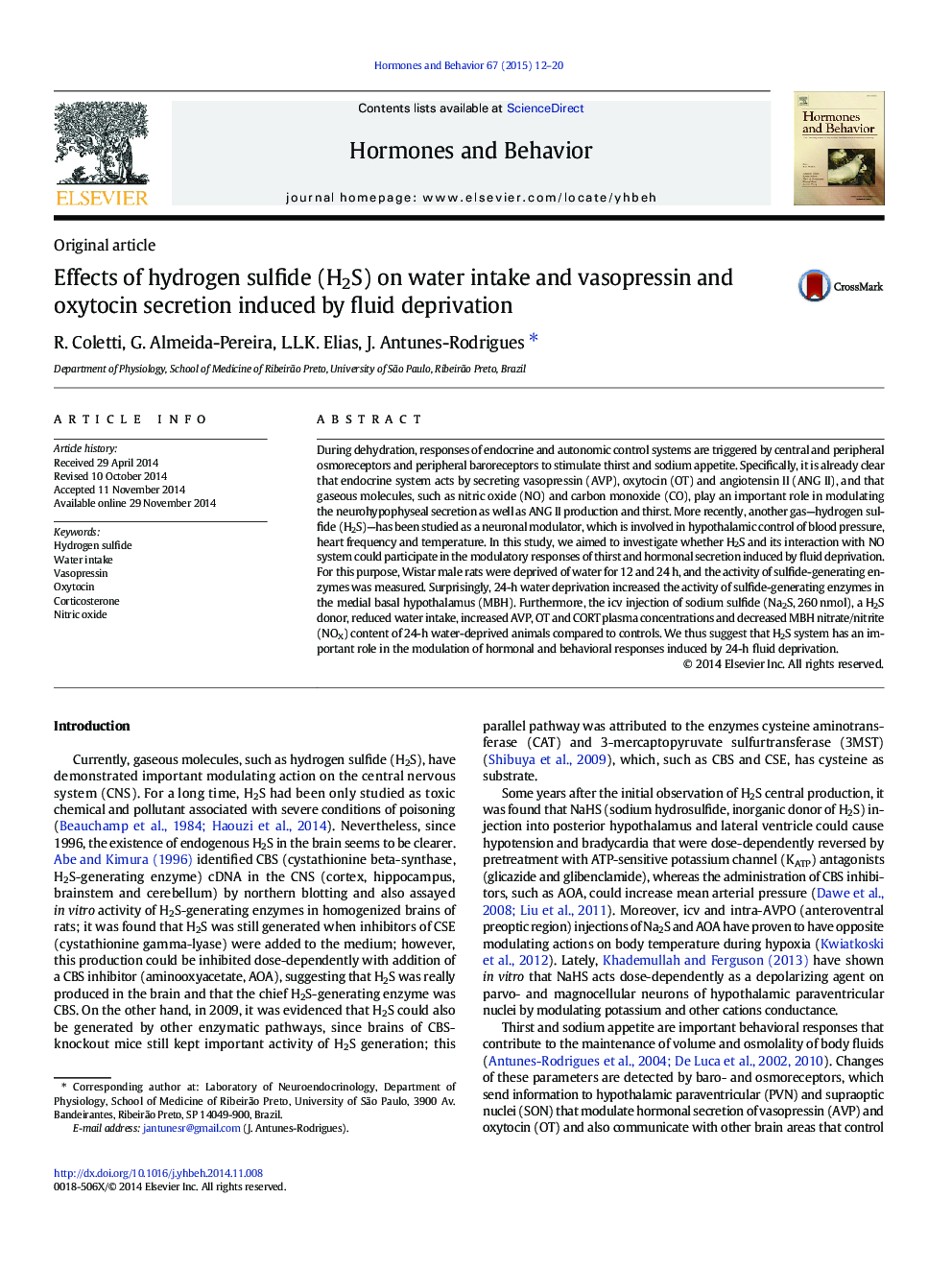 Effects of hydrogen sulfide (H2S) on water intake and vasopressin and oxytocin secretion induced by fluid deprivation