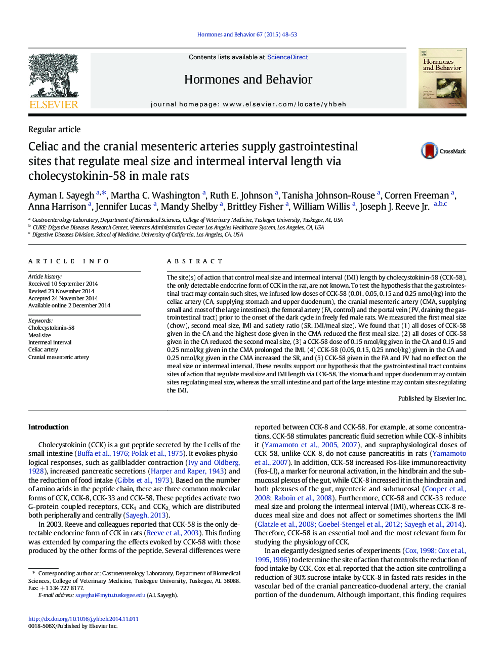 Celiac and the cranial mesenteric arteries supply gastrointestinal sites that regulate meal size and intermeal interval length via cholecystokinin-58 in male rats