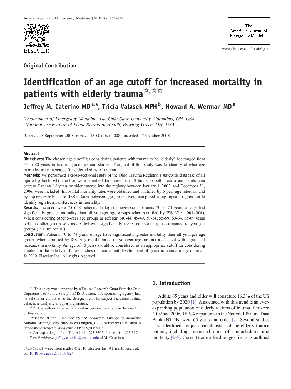Identification of an age cutoff for increased mortality in patients with elderly trauma 