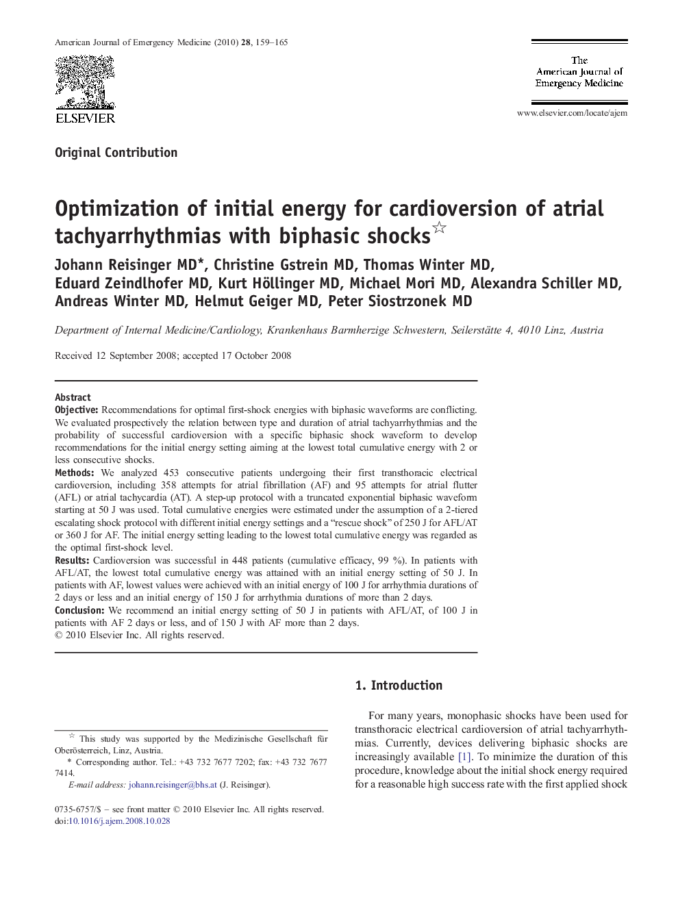 Optimization of initial energy for cardioversion of atrial tachyarrhythmias with biphasic shocks 