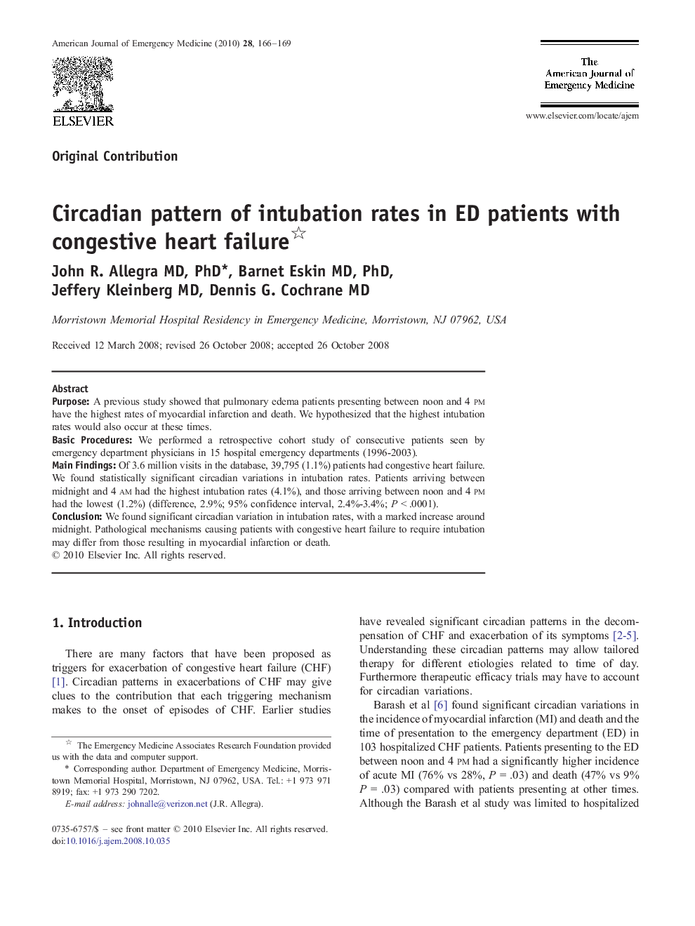 Circadian pattern of intubation rates in ED patients with congestive heart failure