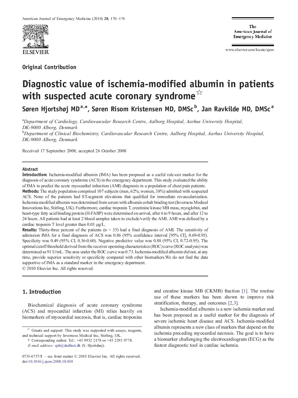 Diagnostic value of ischemia-modified albumin in patients with suspected acute coronary syndrome 