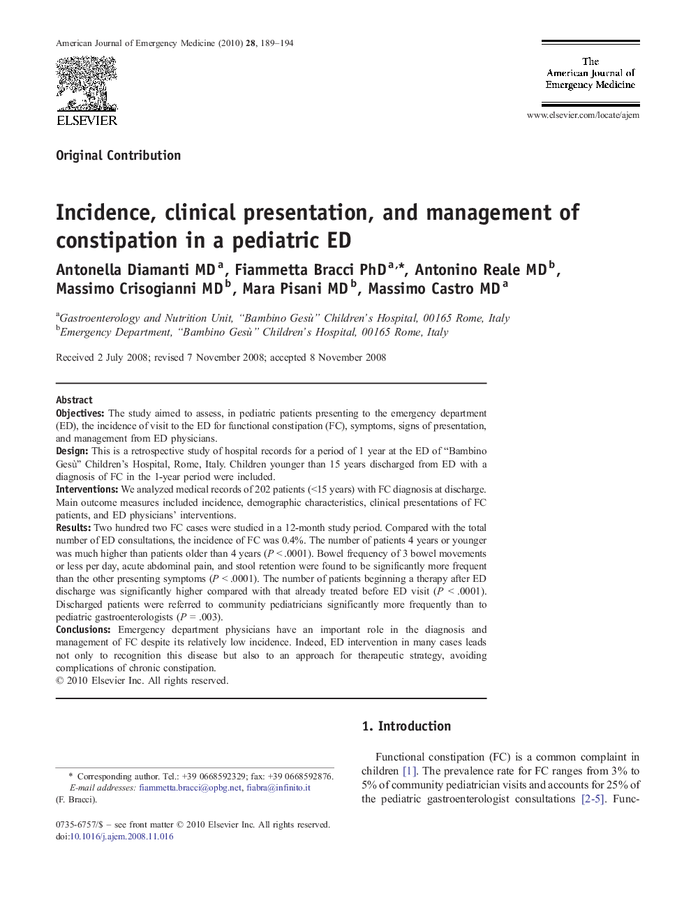 Incidence, clinical presentation, and management of constipation in a pediatric ED