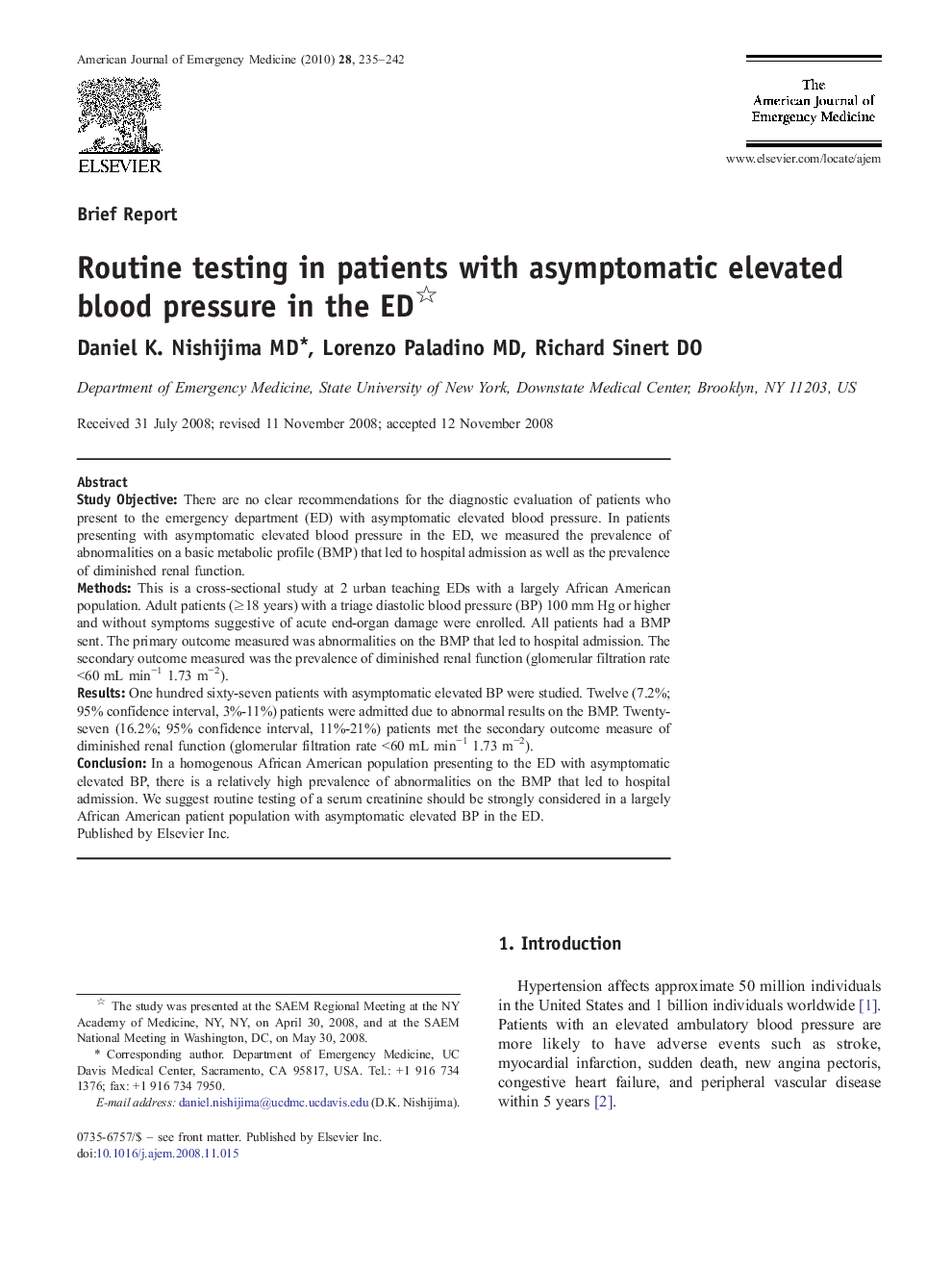 Routine testing in patients with asymptomatic elevated blood pressure in the ED 