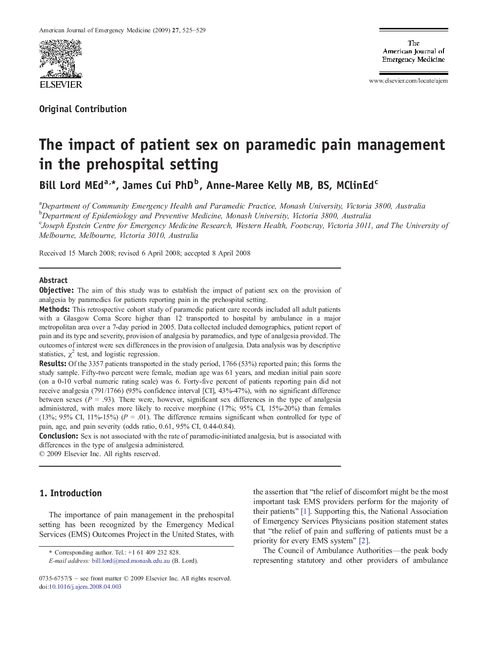 The impact of patient sex on paramedic pain management in the prehospital setting