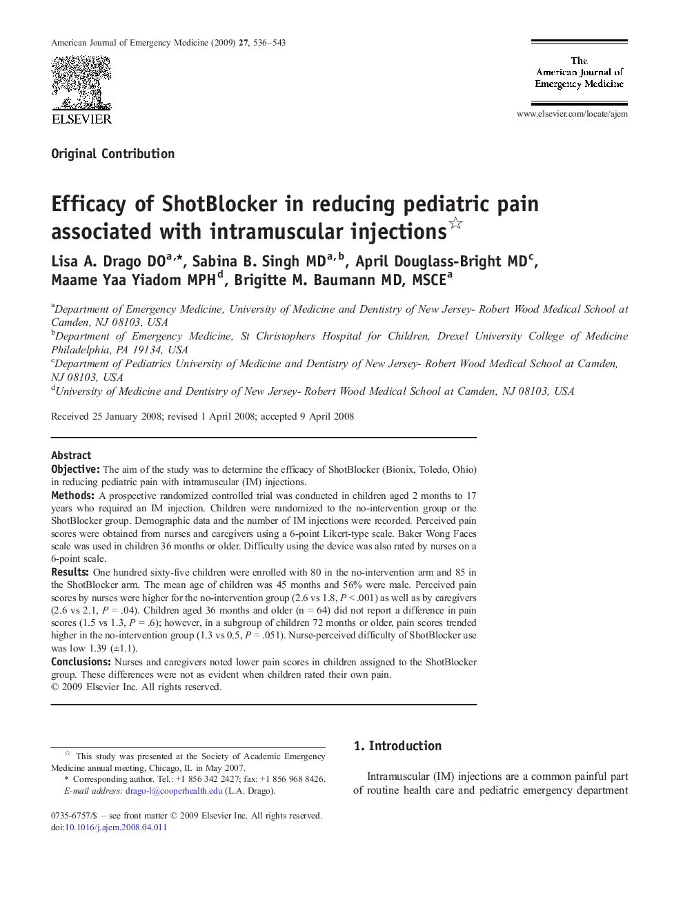 Efficacy of ShotBlocker in reducing pediatric pain associated with intramuscular injections 