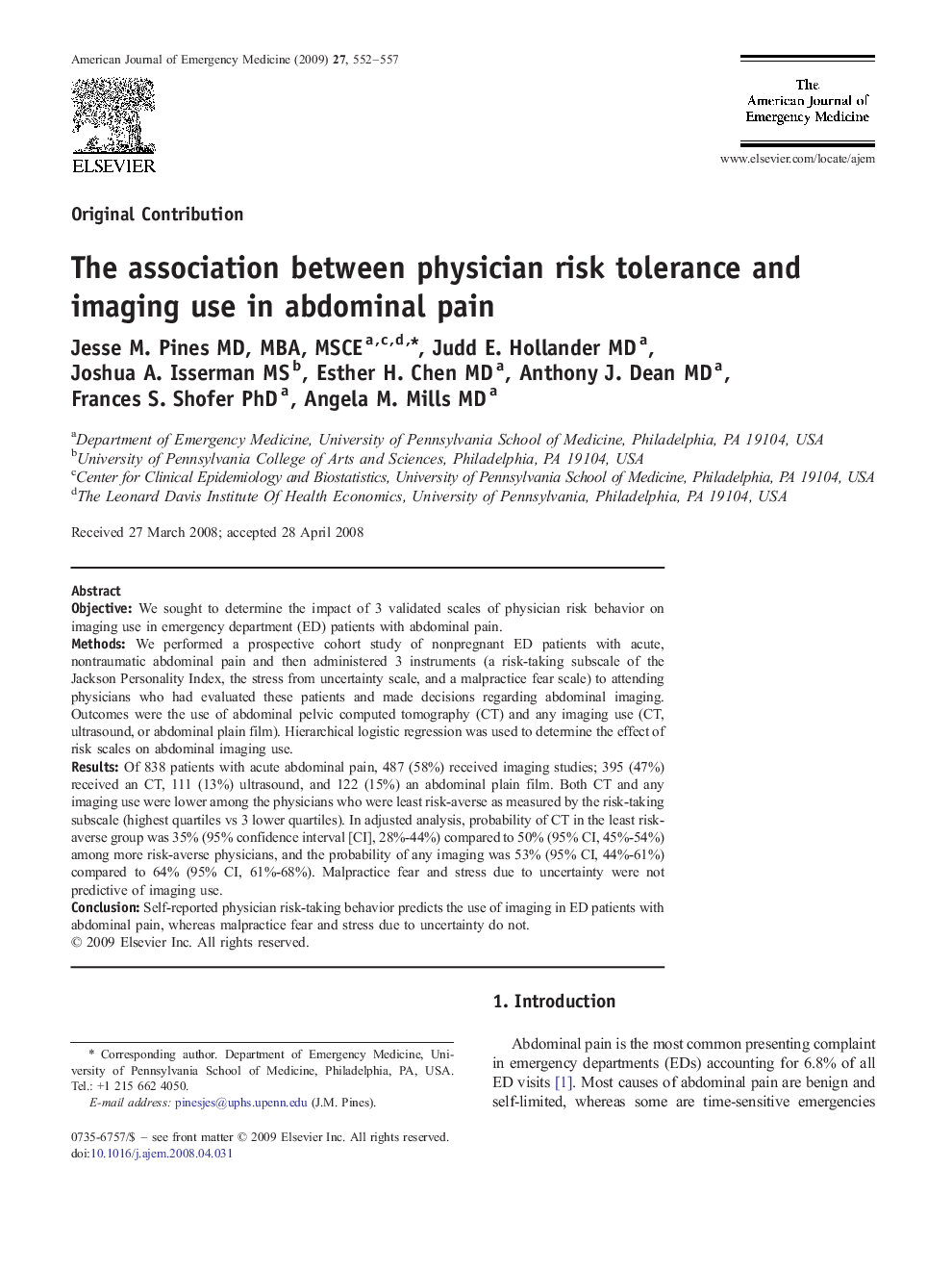 The association between physician risk tolerance and imaging use in abdominal pain
