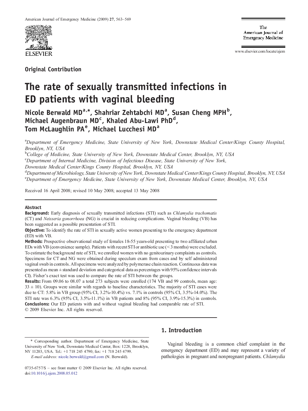 The rate of sexually transmitted infections in ED patients with vaginal bleeding