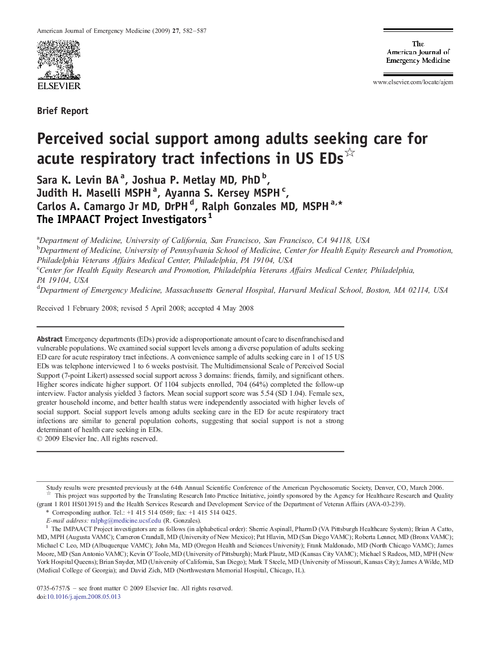 Perceived social support among adults seeking care for acute respiratory tract infections in US EDs 