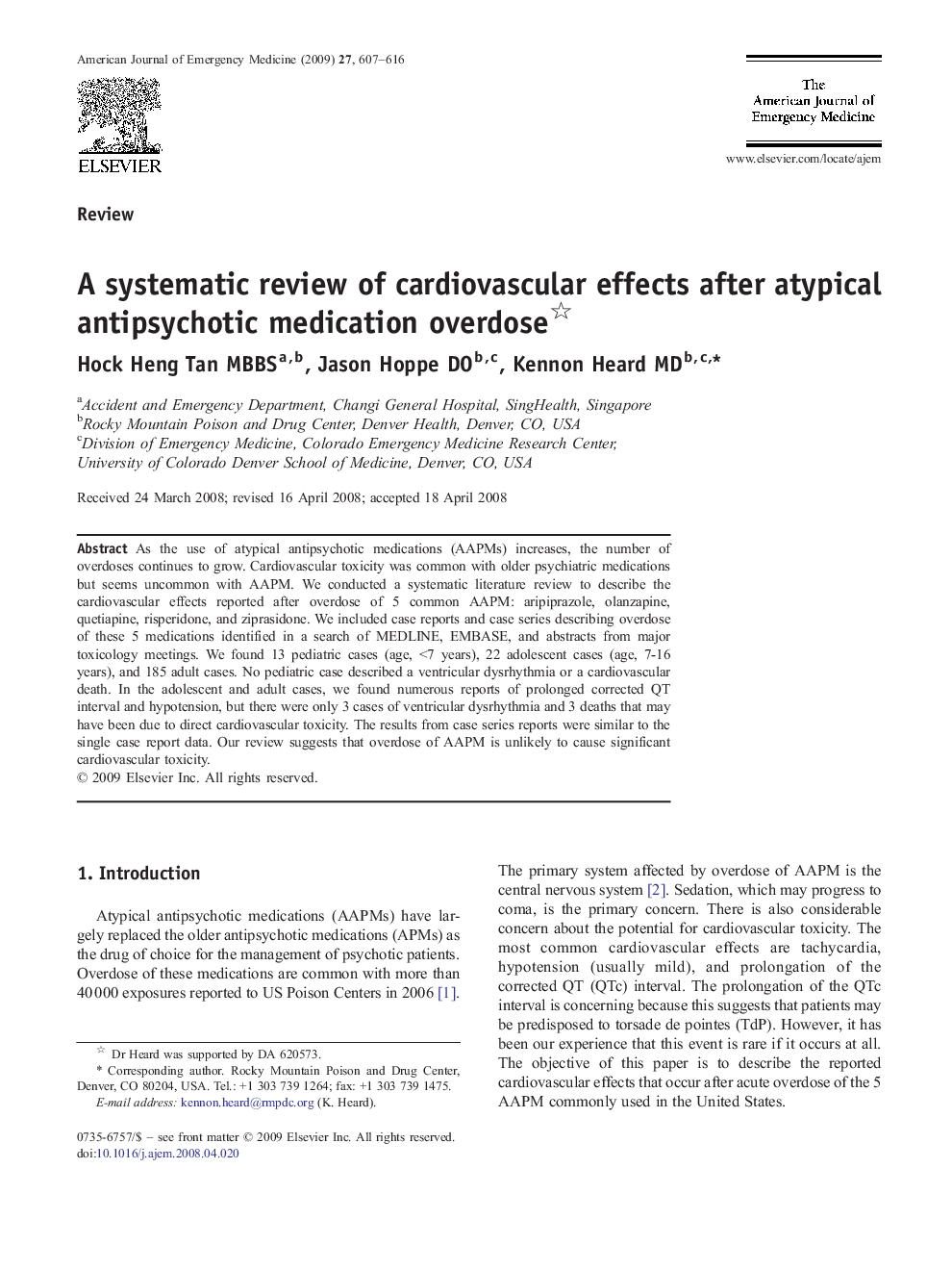 A systematic review of cardiovascular effects after atypical antipsychotic medication overdose 