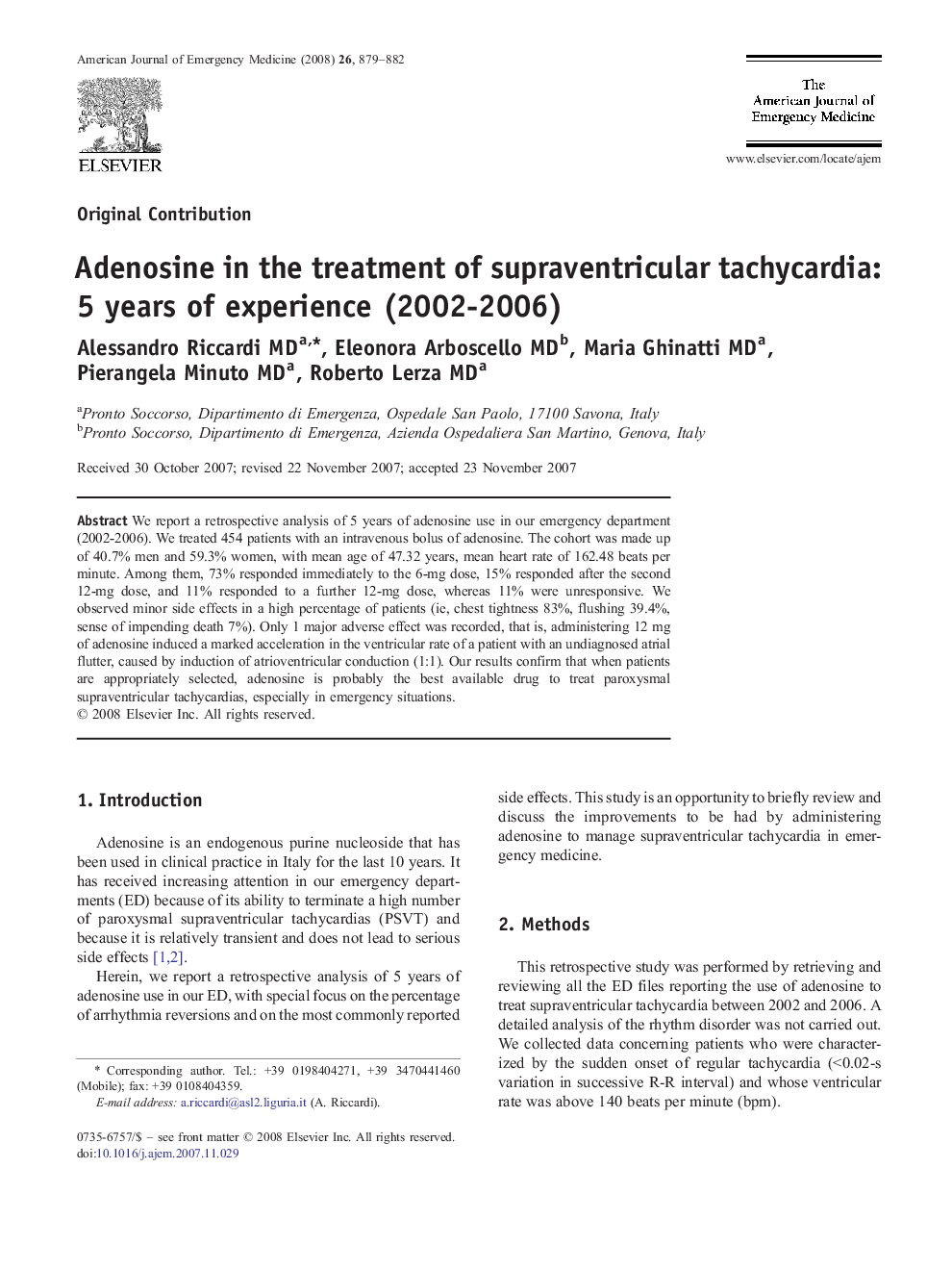 Adenosine in the treatment of supraventricular tachycardia: 5 years of experience (2002-2006)