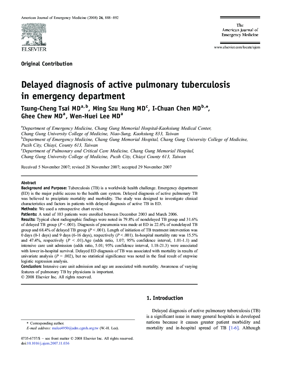 Delayed diagnosis of active pulmonary tuberculosis in emergency department