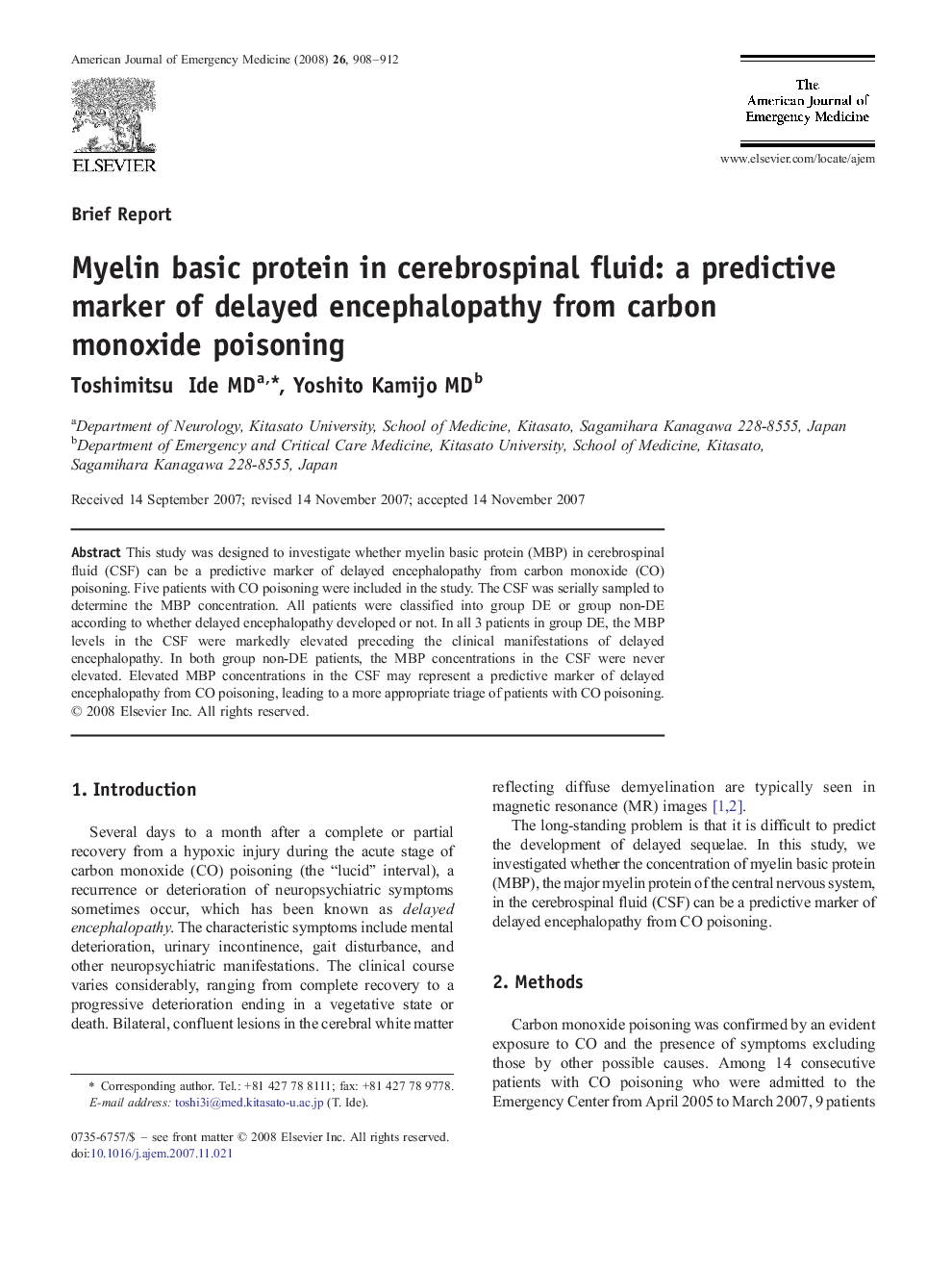 Myelin basic protein in cerebrospinal fluid: a predictive marker of delayed encephalopathy from carbon monoxide poisoning