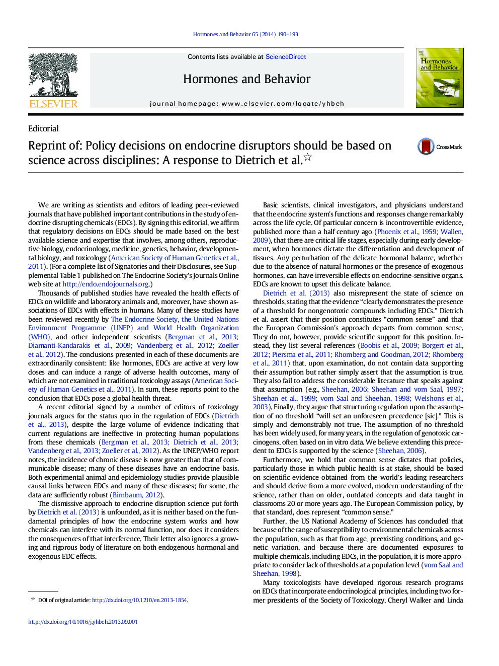Reprint of: Policy decisions on endocrine disruptors should be based on science across disciplines: A response to Dietrich et al.