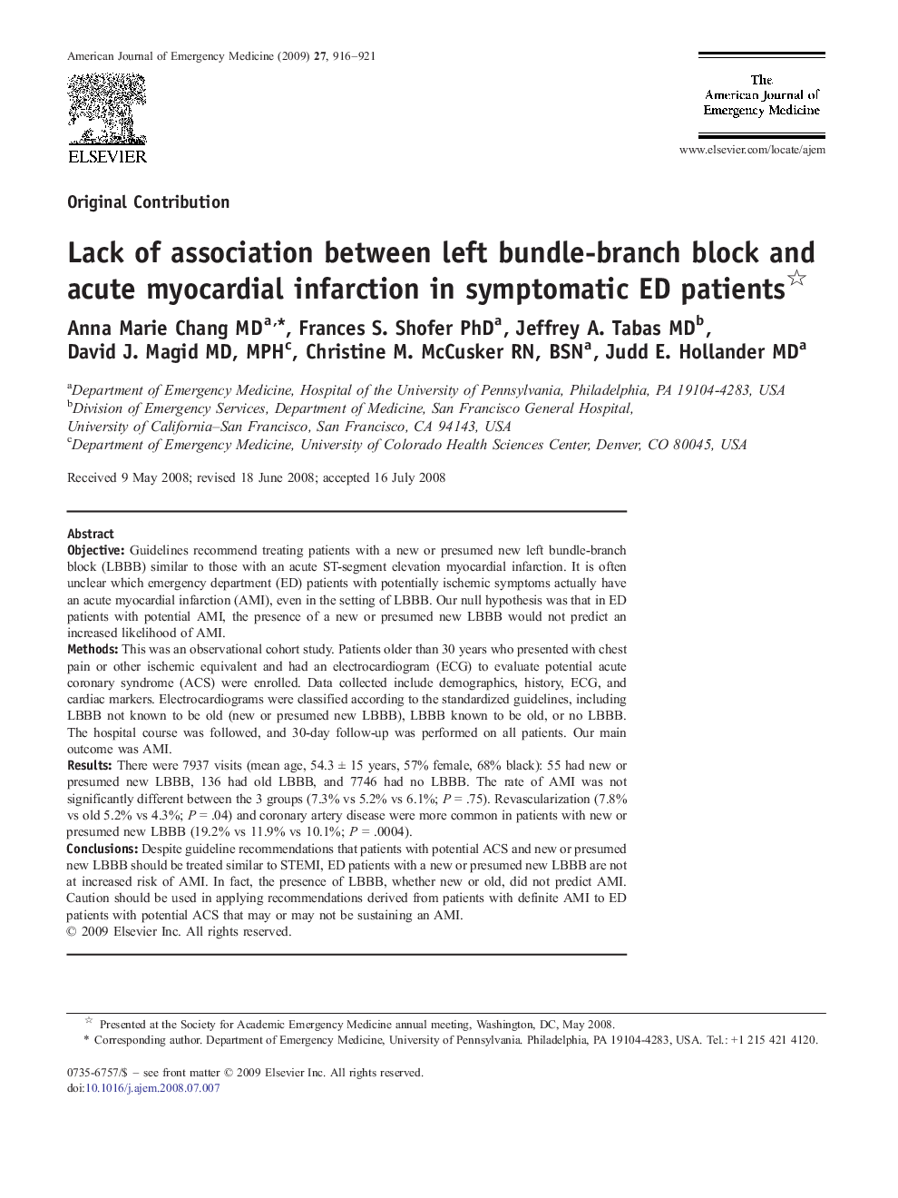 Lack of association between left bundle-branch block and acute myocardial infarction in symptomatic ED patients 