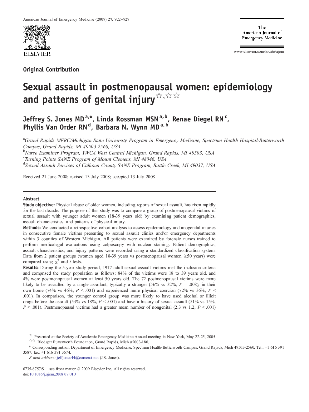 Sexual assault in postmenopausal women: epidemiology and patterns of genital injury 