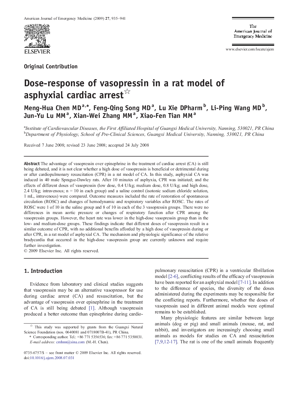 Dose-response of vasopressin in a rat model of asphyxial cardiac arrest 