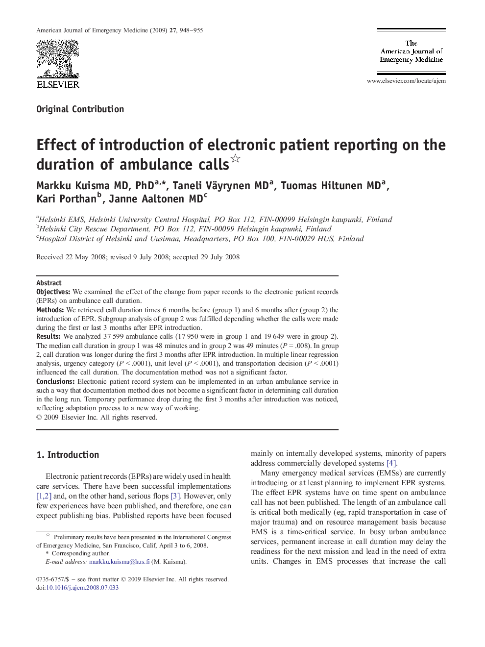 Effect of introduction of electronic patient reporting on the duration of ambulance calls 