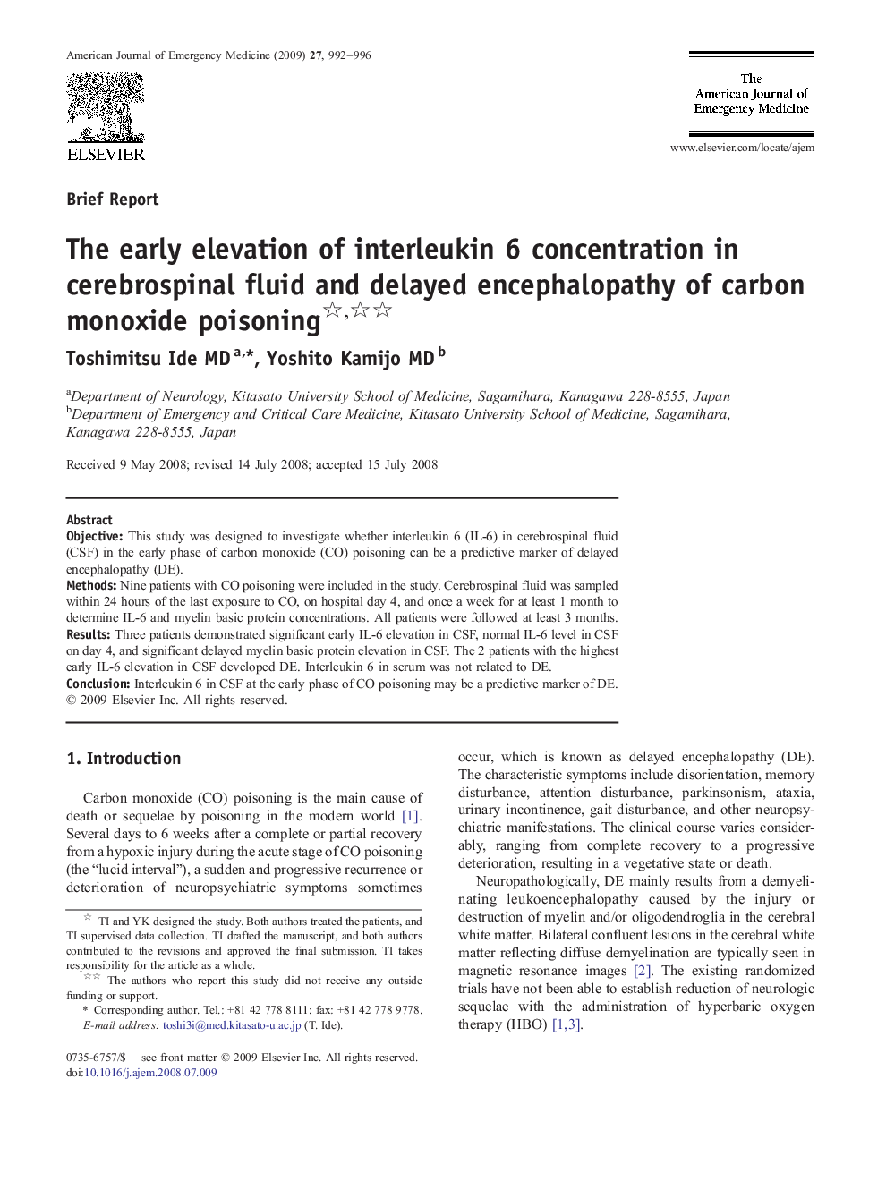 The early elevation of interleukin 6 concentration in cerebrospinal fluid and delayed encephalopathy of carbon monoxide poisoning 