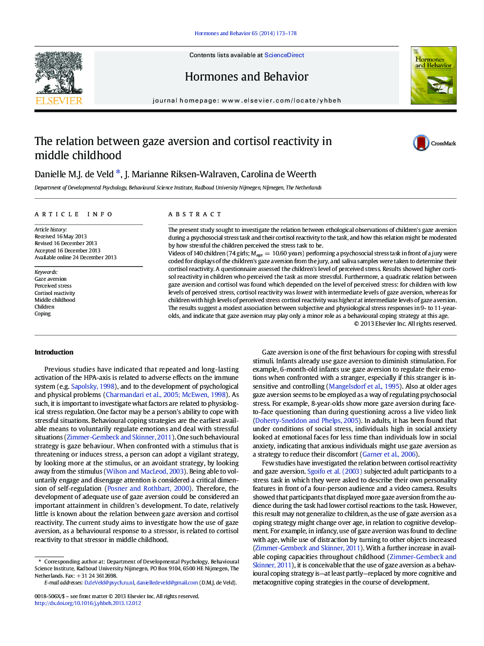 The relation between gaze aversion and cortisol reactivity in middle childhood