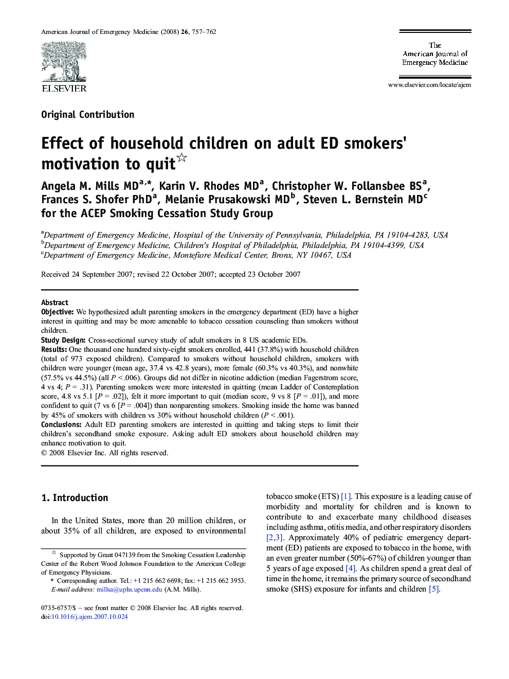 Effect of household children on adult ED smokers' motivation to quit 